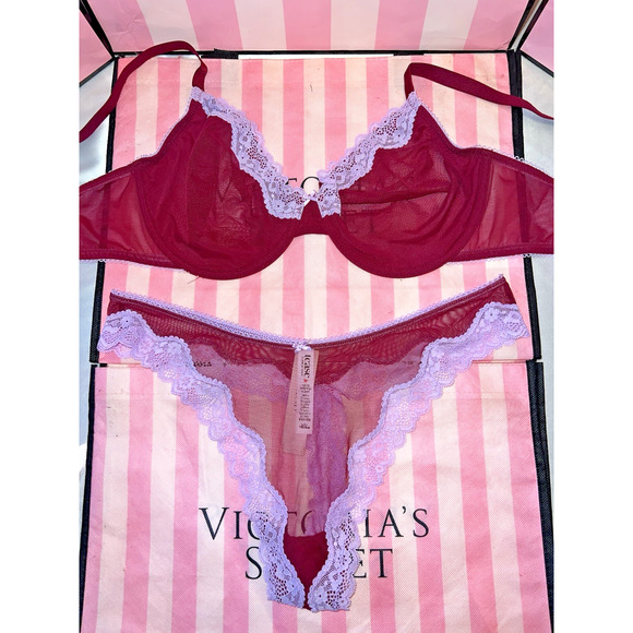 Victoria's Secret Other - Victoria's Secret Bra Unlined Tease 36DDD Large Lace Thong Purple & Burgundy